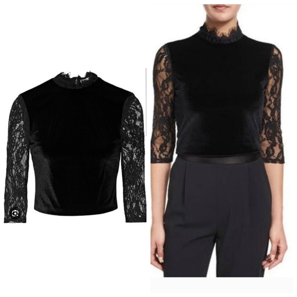 Alice + Olivia Jenny Mock Neck Lace Velvet Crop Size 6 - Picture 4 of 14